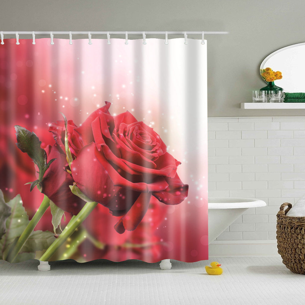 Polyester Shower Curtain with Hook Set Bathroom Hanging Decor Red Rose