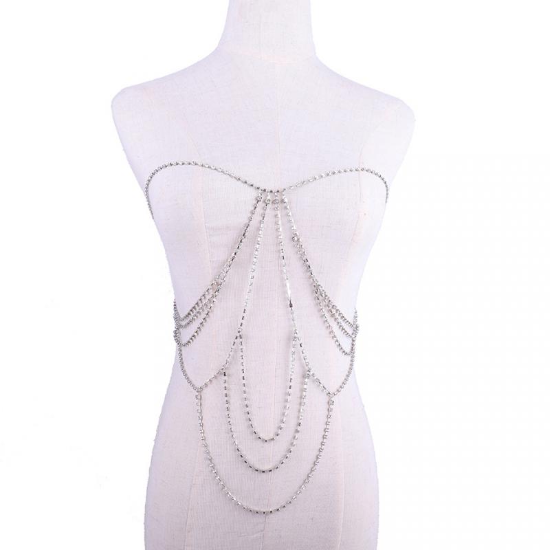 Women Shiny Crystal Rhinestone Bra Chest Body Chain Harness Necklace Silver