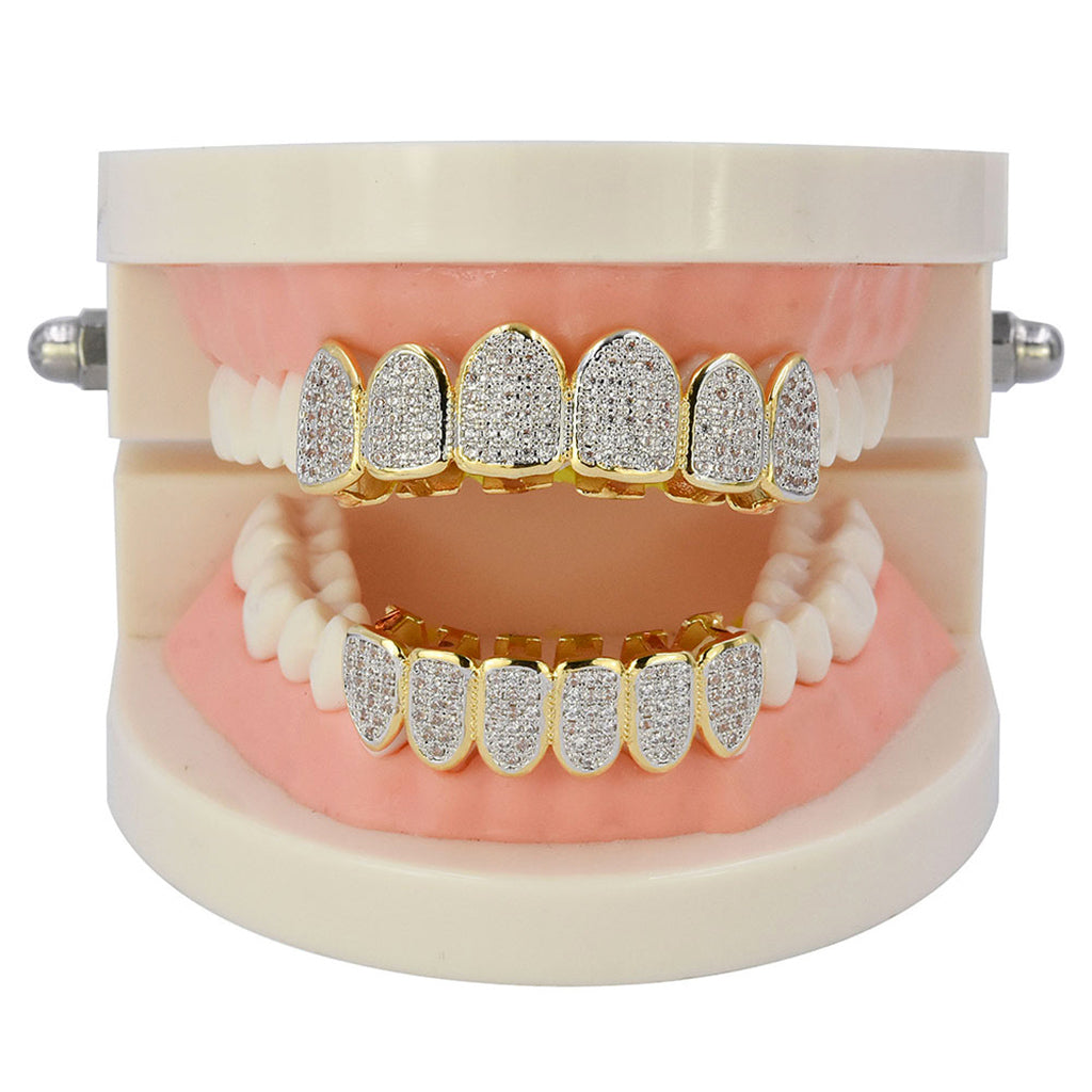 18K Gold Plated Micro Pave Top Bottom CUSTOM GRILL SET Mouth Teeth Grill #2