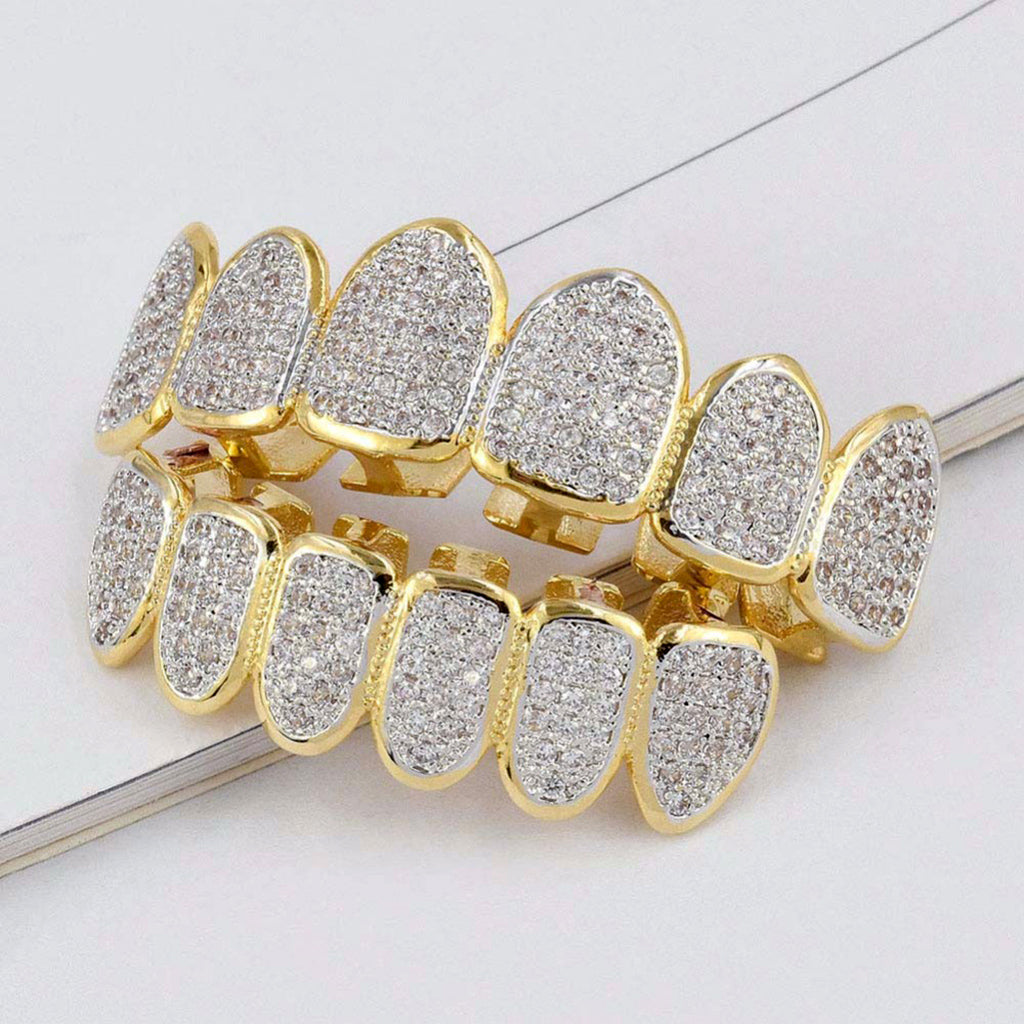 18K Gold Plated Micro Pave Top Bottom CUSTOM GRILL SET Mouth Teeth Grill #2