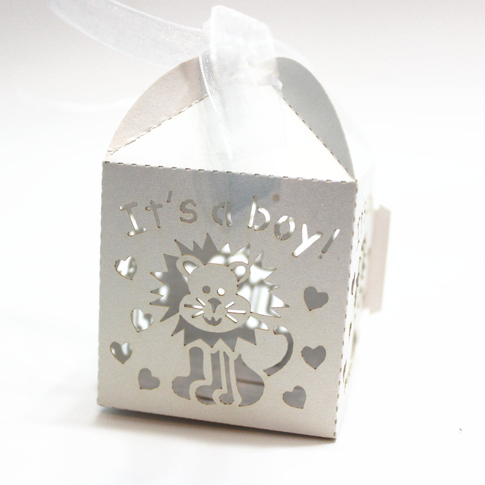 50pcs Laser Cut It's a Boy Candy Gift Boxes Ribbons Baby Shower Favor White