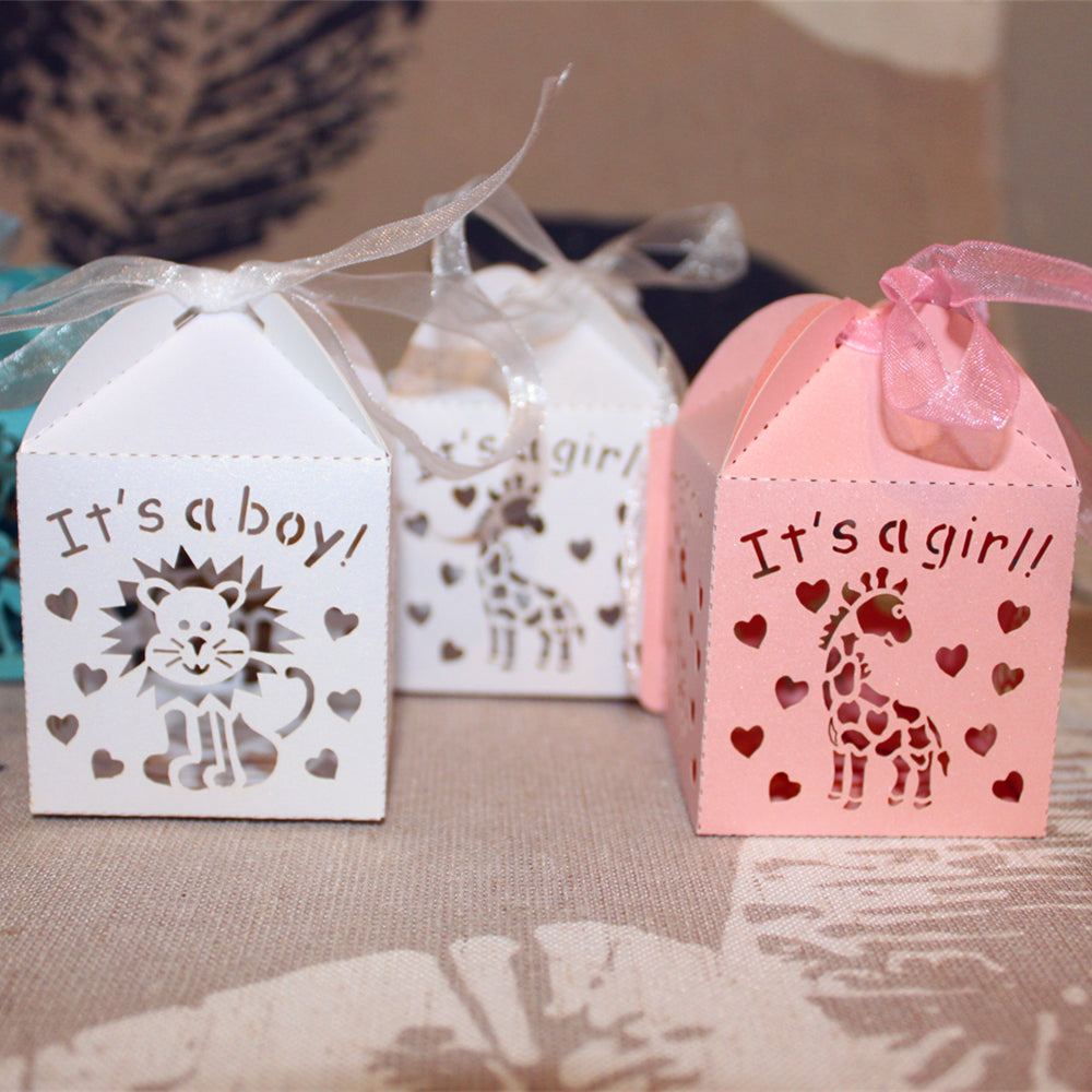 50pcs Laser Cut It's a Boy Candy Gift Boxes Ribbons Baby Shower Favor White