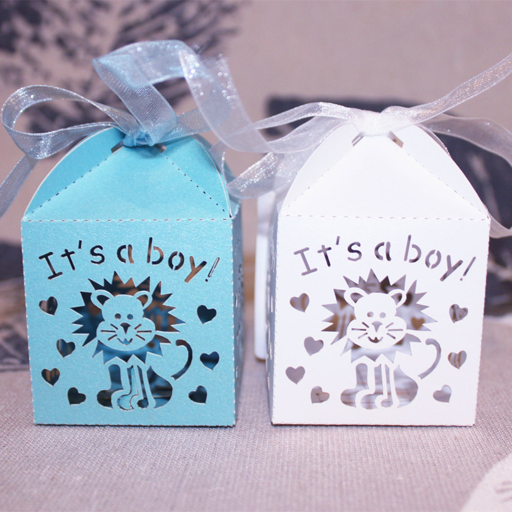 50pcs Laser Cut It's a Boy Candy Gift Boxes Ribbons Baby Shower Favor White