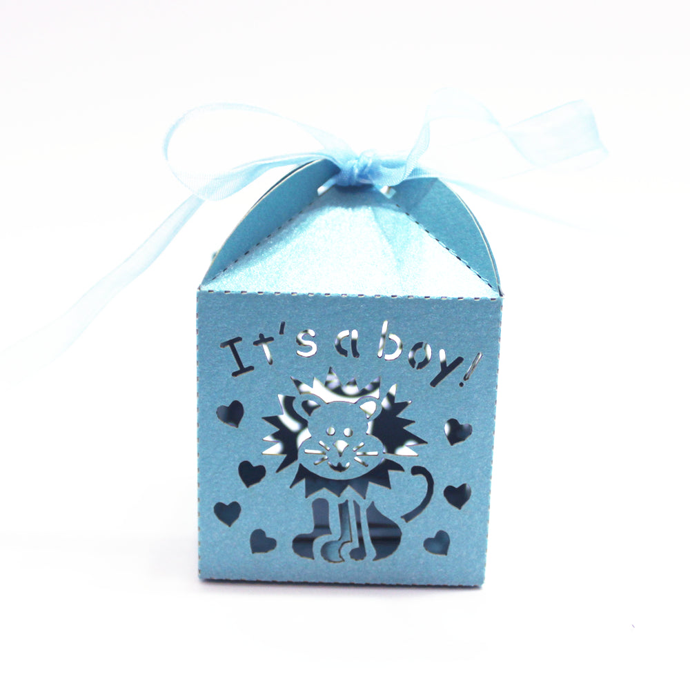 50pcs Laser Cut It's a Boy Candy Gift Boxes Ribbons Baby Shower Favor Blue