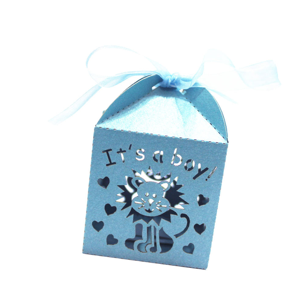 50pcs Laser Cut It's a Boy Candy Gift Boxes Ribbons Baby Shower Favor Blue