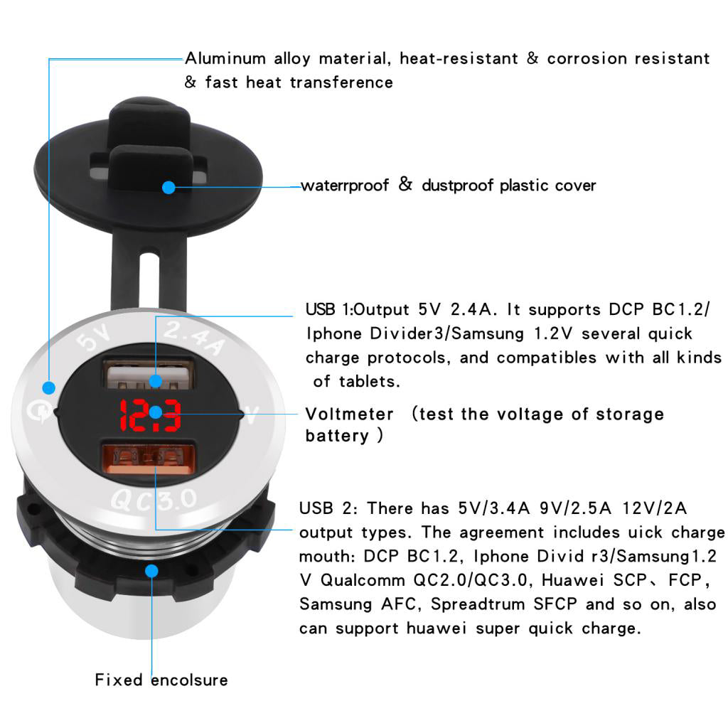 Dual USB Charger Socket with Volt Meter Wire for Car Motorcycle Silver+Red