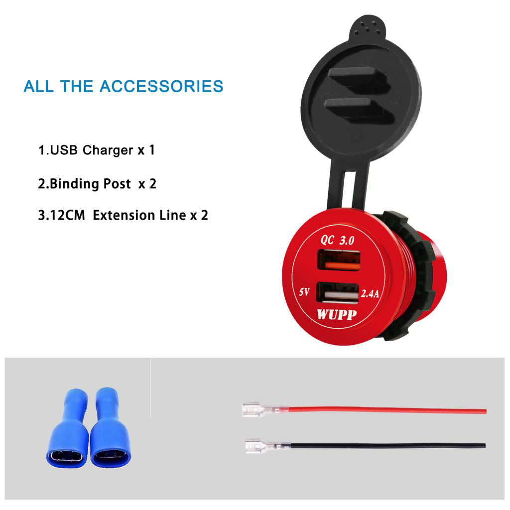 Car DC Aluminum Alloy Dual USB QC3.0 Quick Charge with LED Display  Red