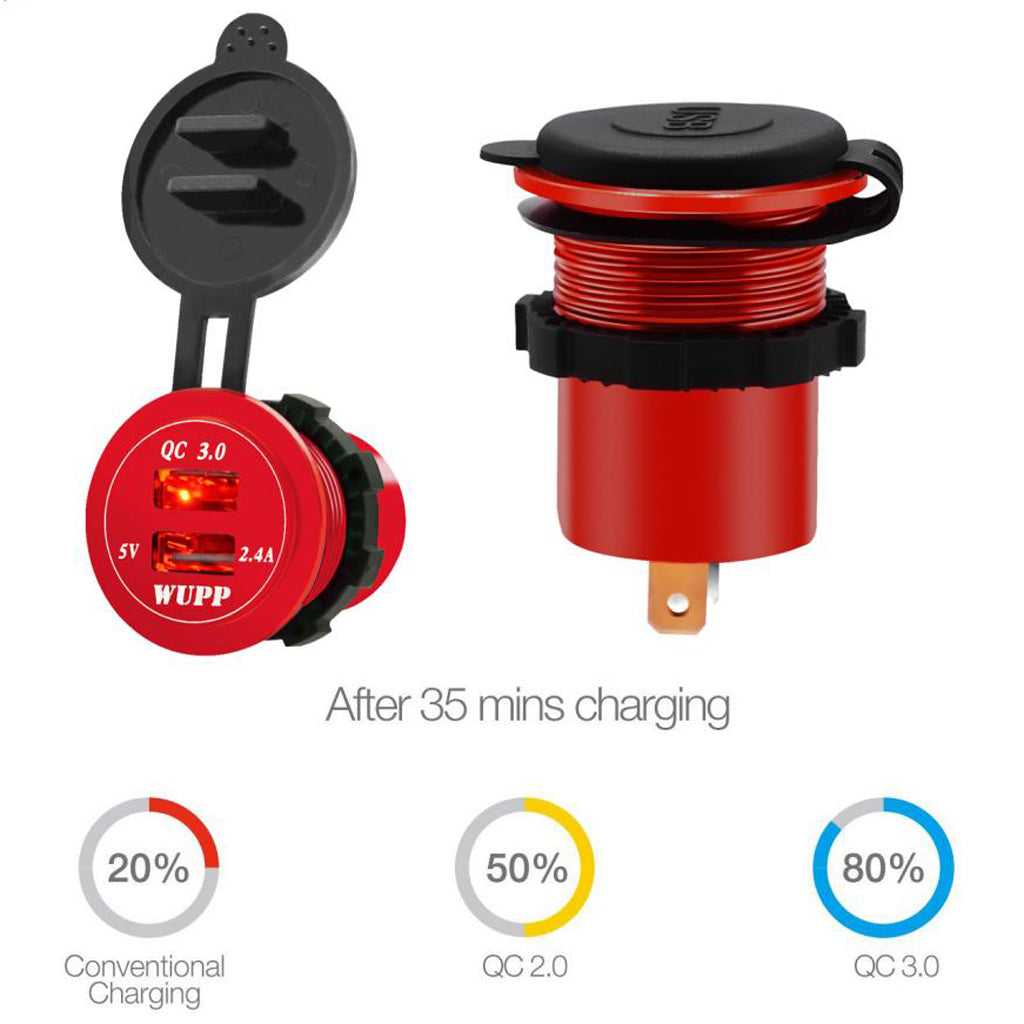 Car DC Aluminum Alloy Dual USB QC3.0 Quick Charge with LED Display  Red