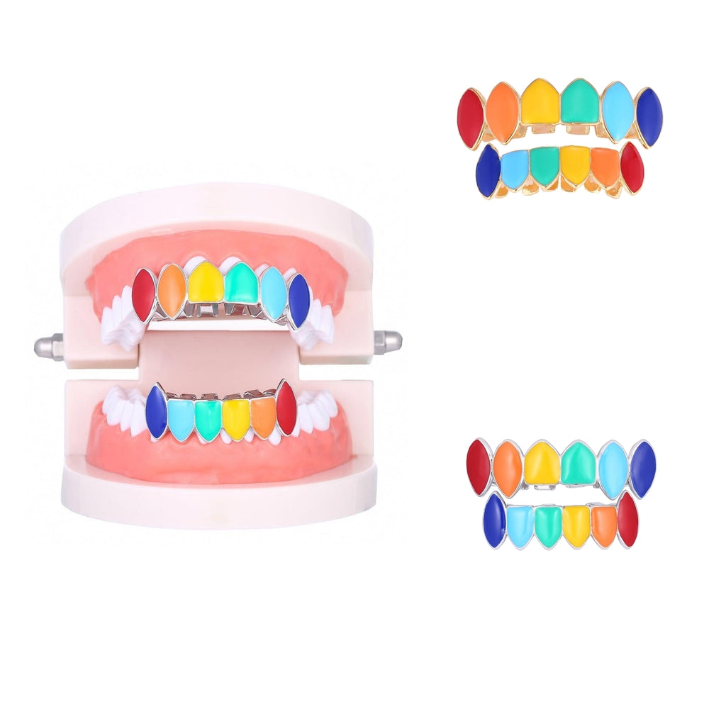 Colorful Glossy Hip Hop Sharp Teeth Grills Hollowen Accessory 18K White Gold