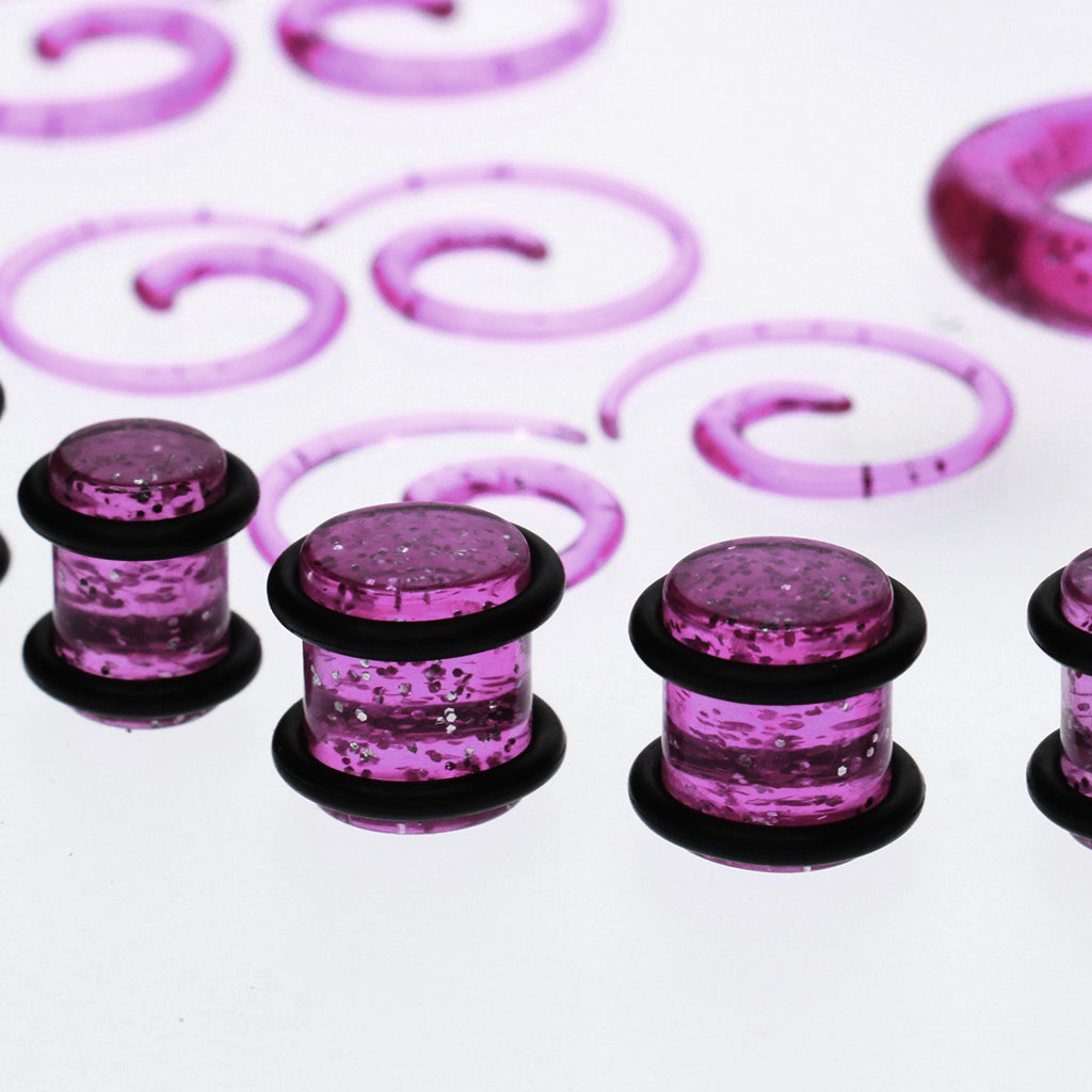 54pcs Gauges Kit Spiral Tapers and Plugs 14G-00G Stretching Kit Purple