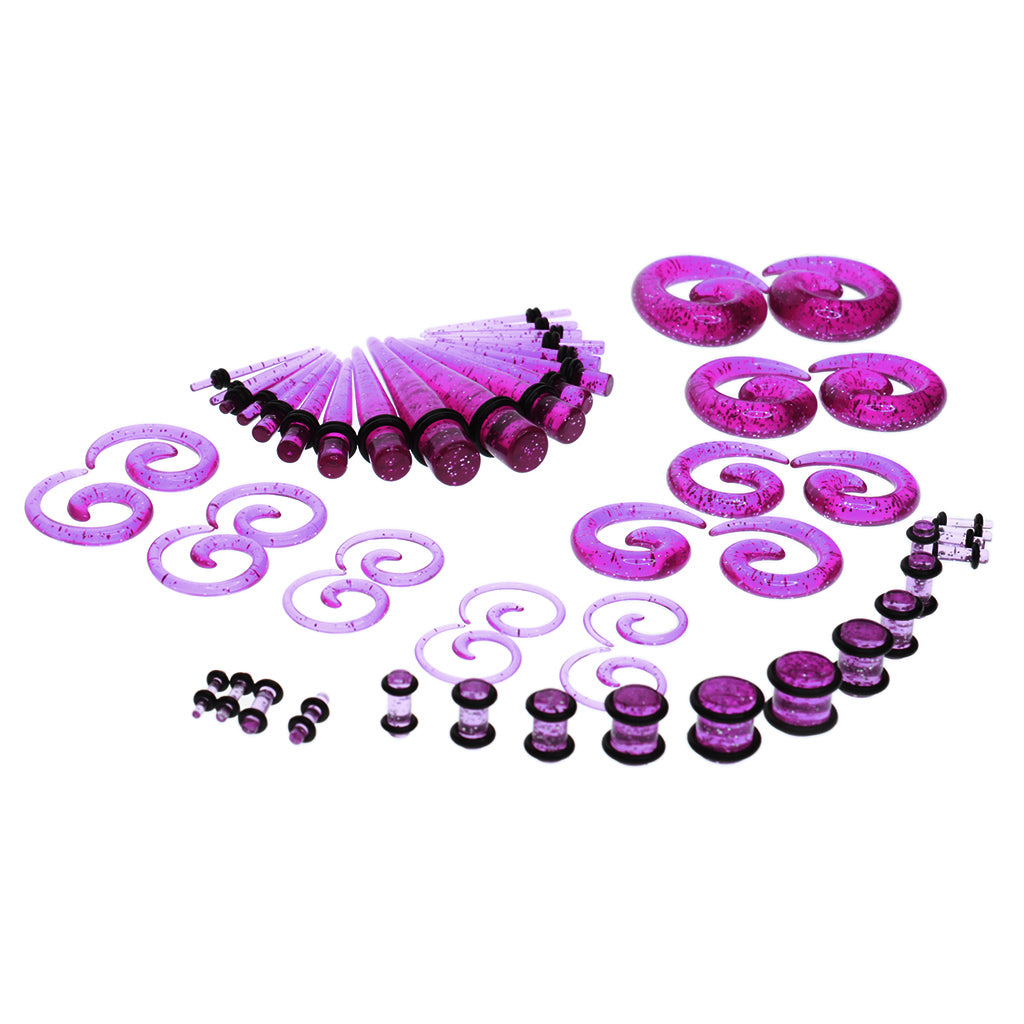 54pcs Gauges Kit Spiral Tapers and Plugs 14G-00G Stretching Kit Purple