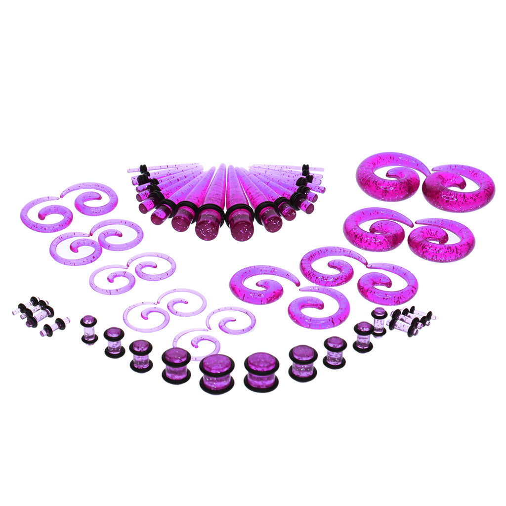 54pcs Gauges Kit Spiral Tapers and Plugs 14G-00G Stretching Kit Purple