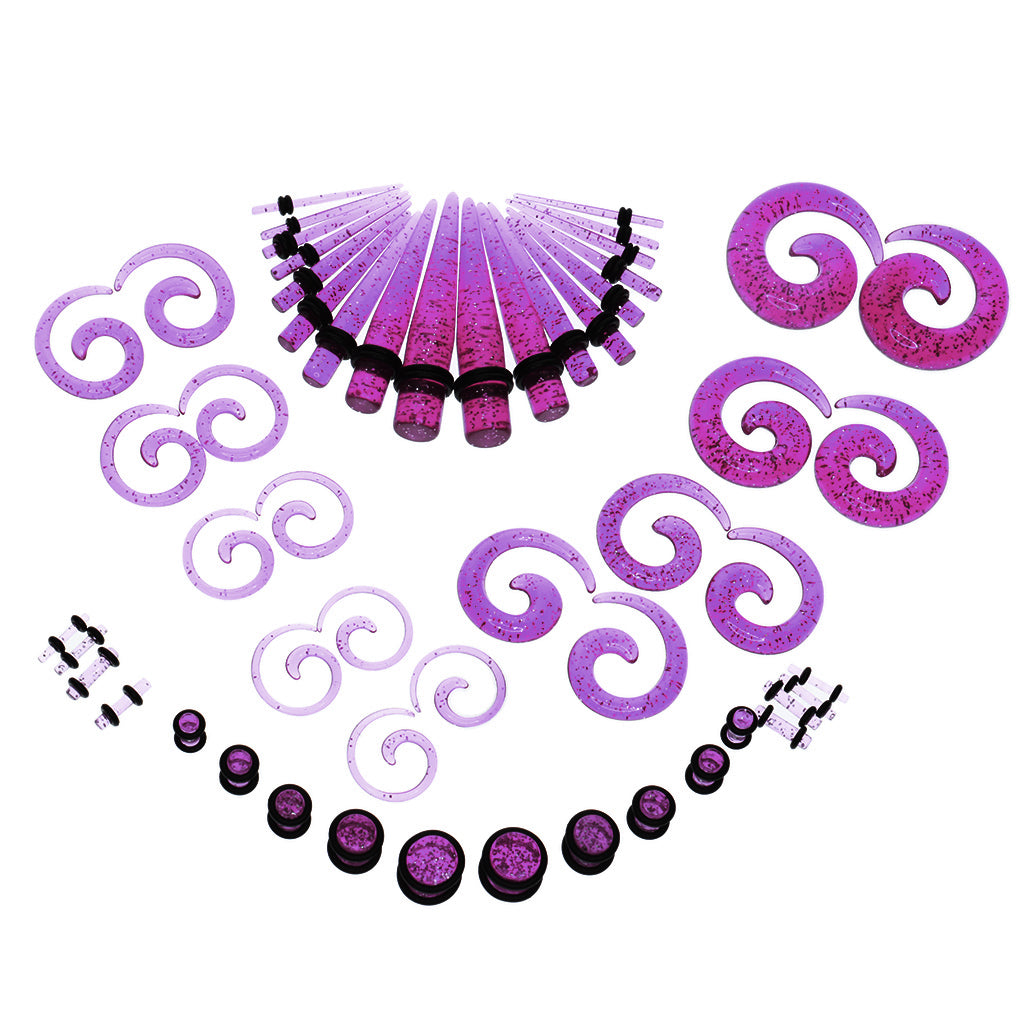 54pcs Gauges Kit Spiral Tapers and Plugs 14G-00G Stretching Kit Purple