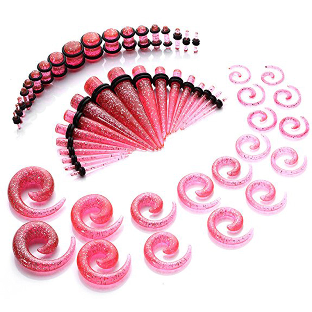 54pcs Gauges Kit Spiral Tapers and Plugs 14G-00G Stretching Kit Pink