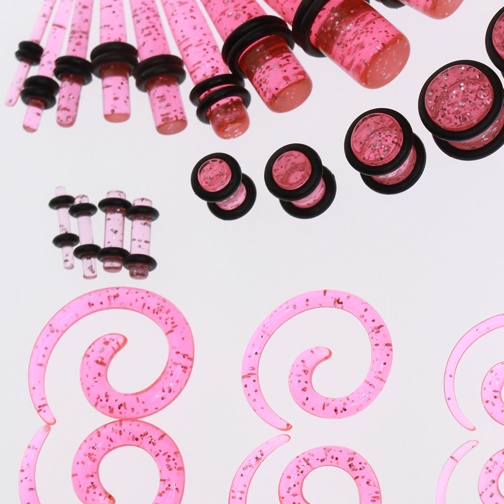 54pcs Gauges Kit Spiral Tapers and Plugs 14G-00G Stretching Kit Pink