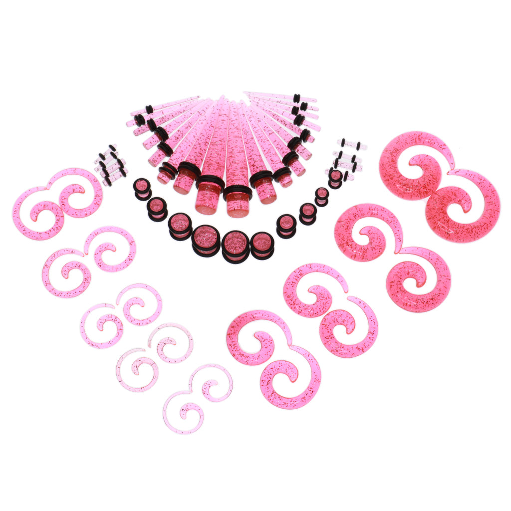 54pcs Gauges Kit Spiral Tapers and Plugs 14G-00G Stretching Kit Pink