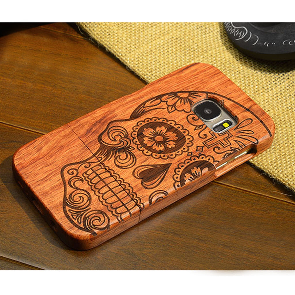 Natural Wooden Carve Phone Case Cover for Samsung Galaxy S7-Skull