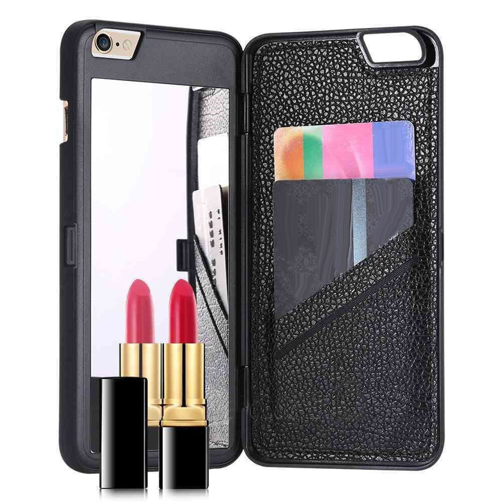 Flip Mirror Wallet Card Holder Case Cover For iPhone 6 plus / 6s plus -Black