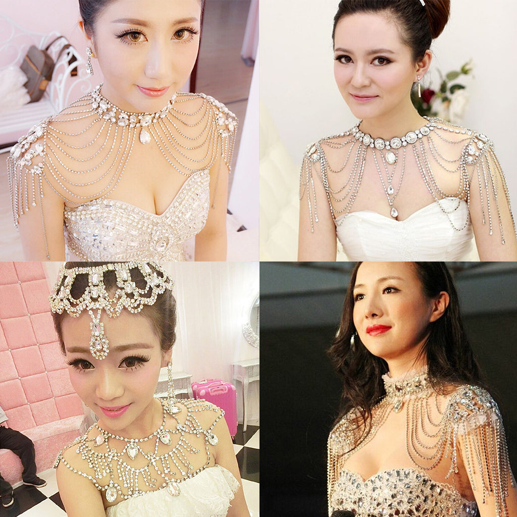 Luxury Wedding Bridal Crystal Silver Shoulder Chain Necklace Earring Jewelry