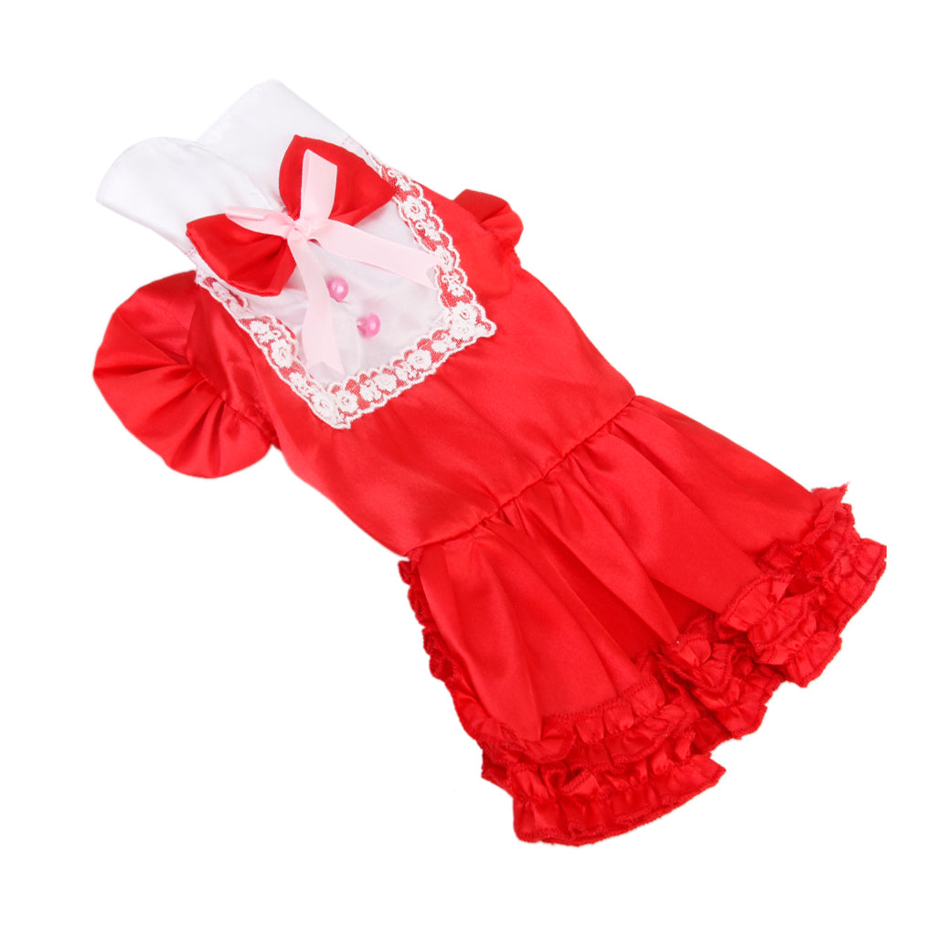 Satin Bowknot White Lace Puppy Pet Dog Cat Dress Clothing Shirt Red S