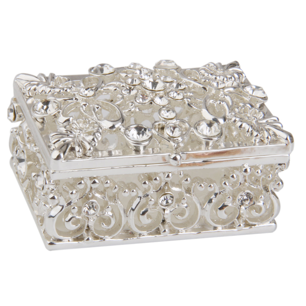 Small Silver Plated Crystal Rhinestone Hollow Enamel Jewelry Trinket Box