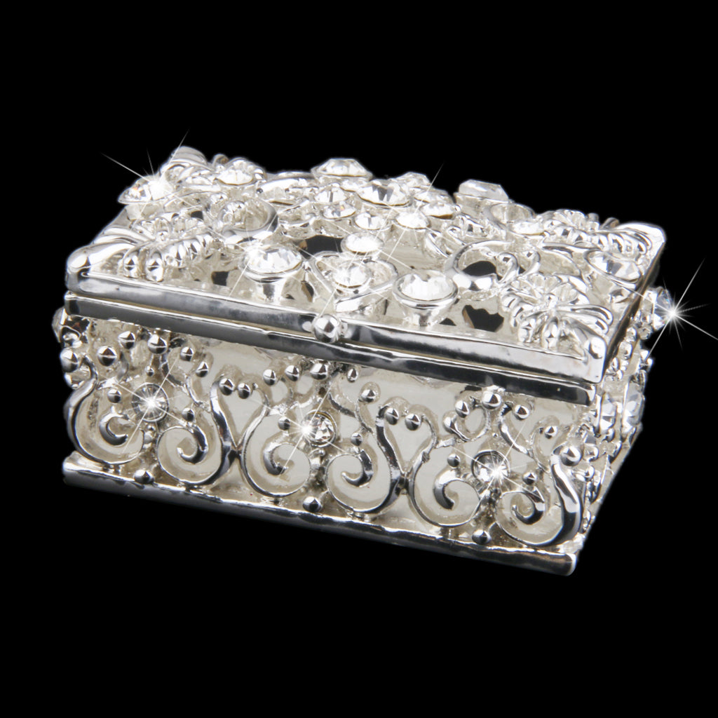 Small Silver Plated Crystal Rhinestone Hollow Enamel Jewelry Trinket Box