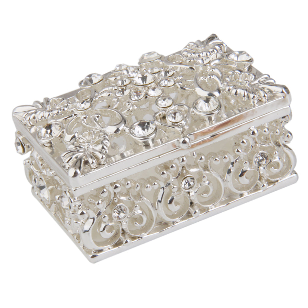 Small Silver Plated Crystal Rhinestone Hollow Enamel Jewelry Trinket Box