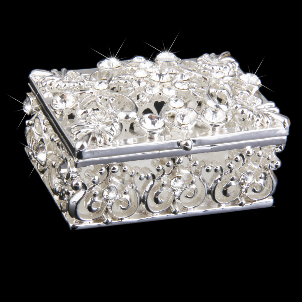 Small Silver Plated Crystal Rhinestone Hollow Enamel Jewelry Trinket Box