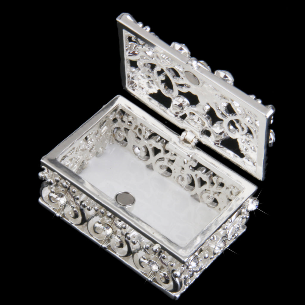 Small Silver Plated Crystal Rhinestone Hollow Enamel Jewelry Trinket Box