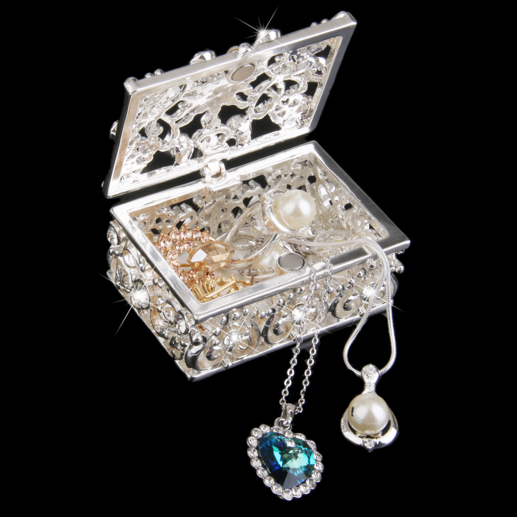 Small Silver Plated Crystal Rhinestone Hollow Enamel Jewelry Trinket Box