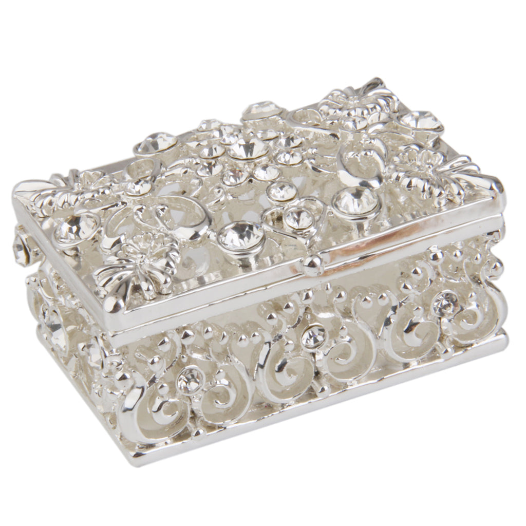 Small Silver Plated Crystal Rhinestone Hollow Enamel Jewelry Trinket Box