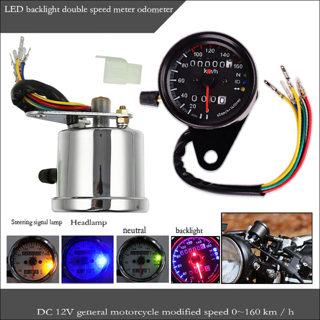 Black 12V LED Backlight Signal Motorcycle Odometer KMH Speedometer Gauge