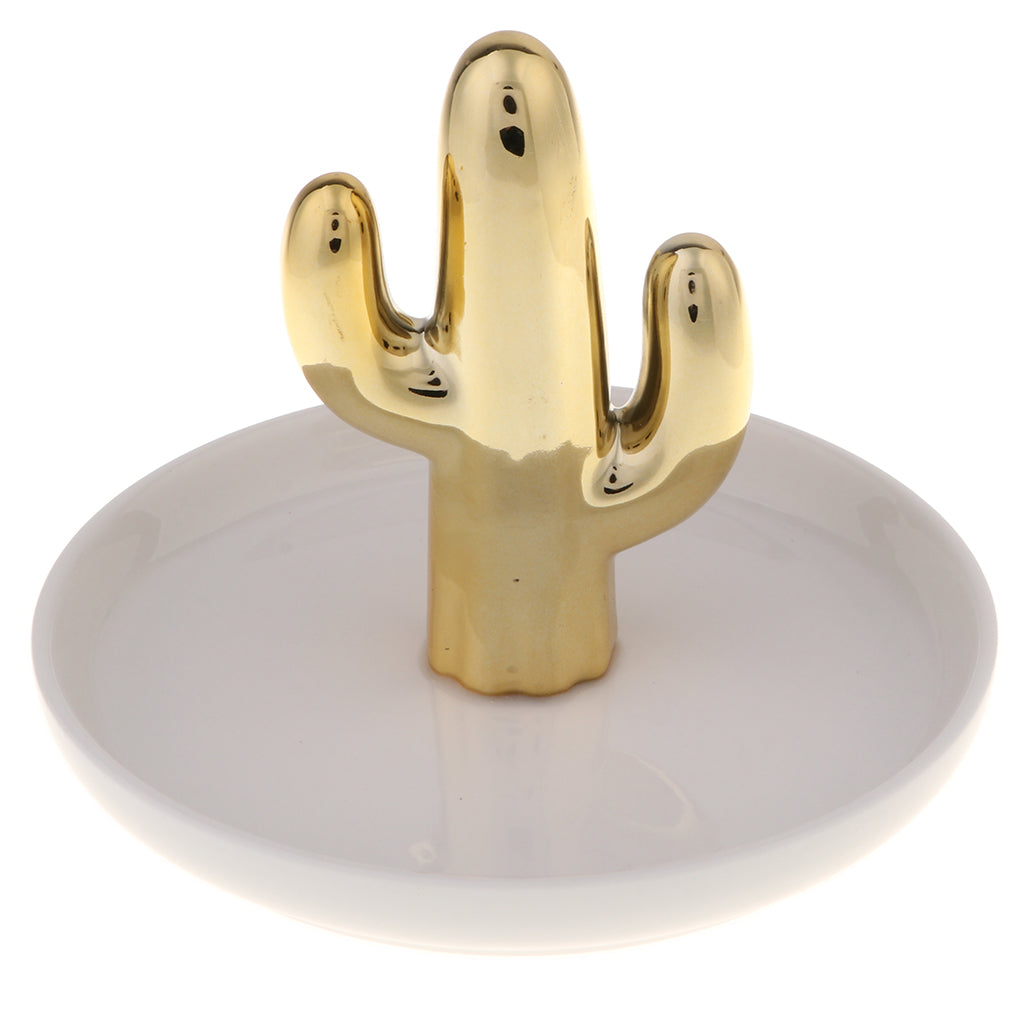 Ceramic Ring Holder Dish Jewelry Organizer Tray White Dish Gold Cactus