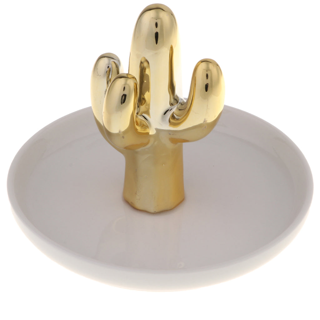 Ceramic Ring Holder Dish Jewelry Organizer Tray White Dish Gold Cactus