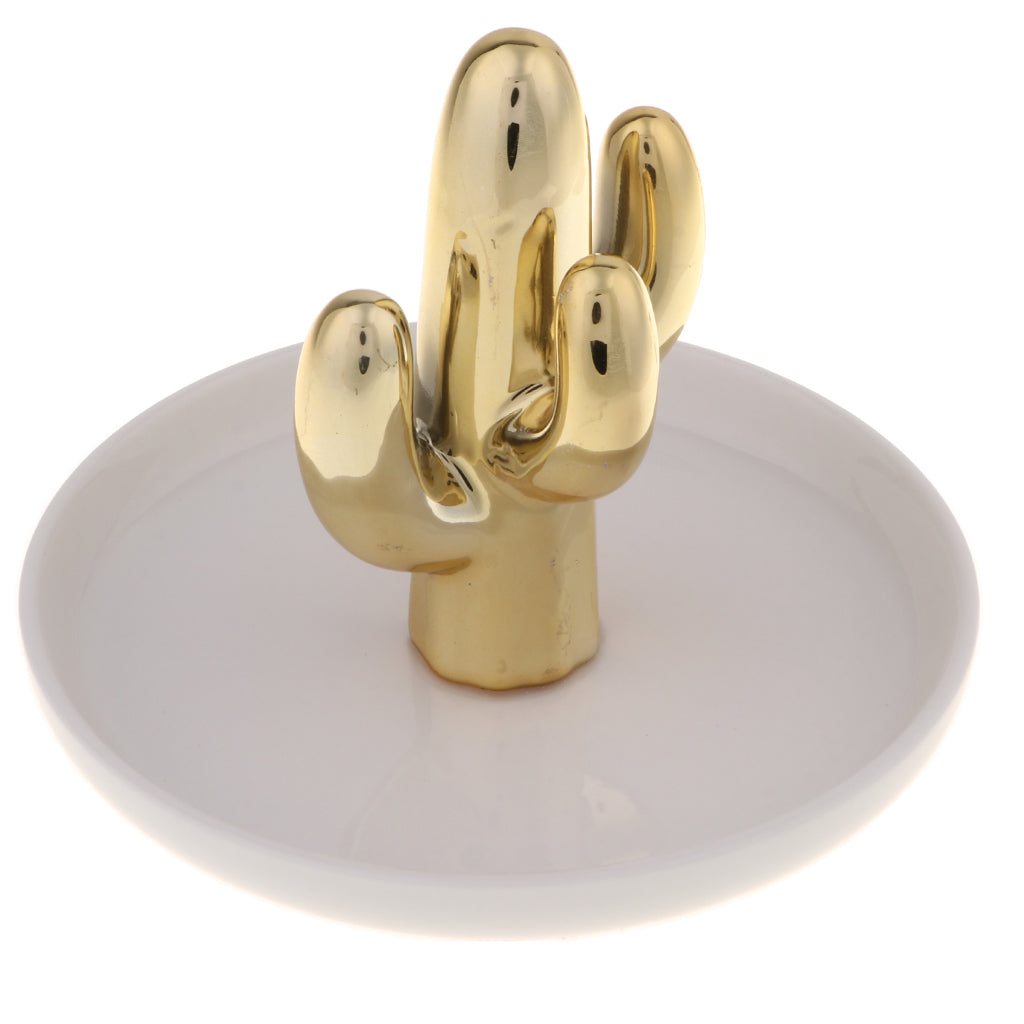 Ceramic Ring Holder Dish Jewelry Organizer Tray White Dish Gold Cactus