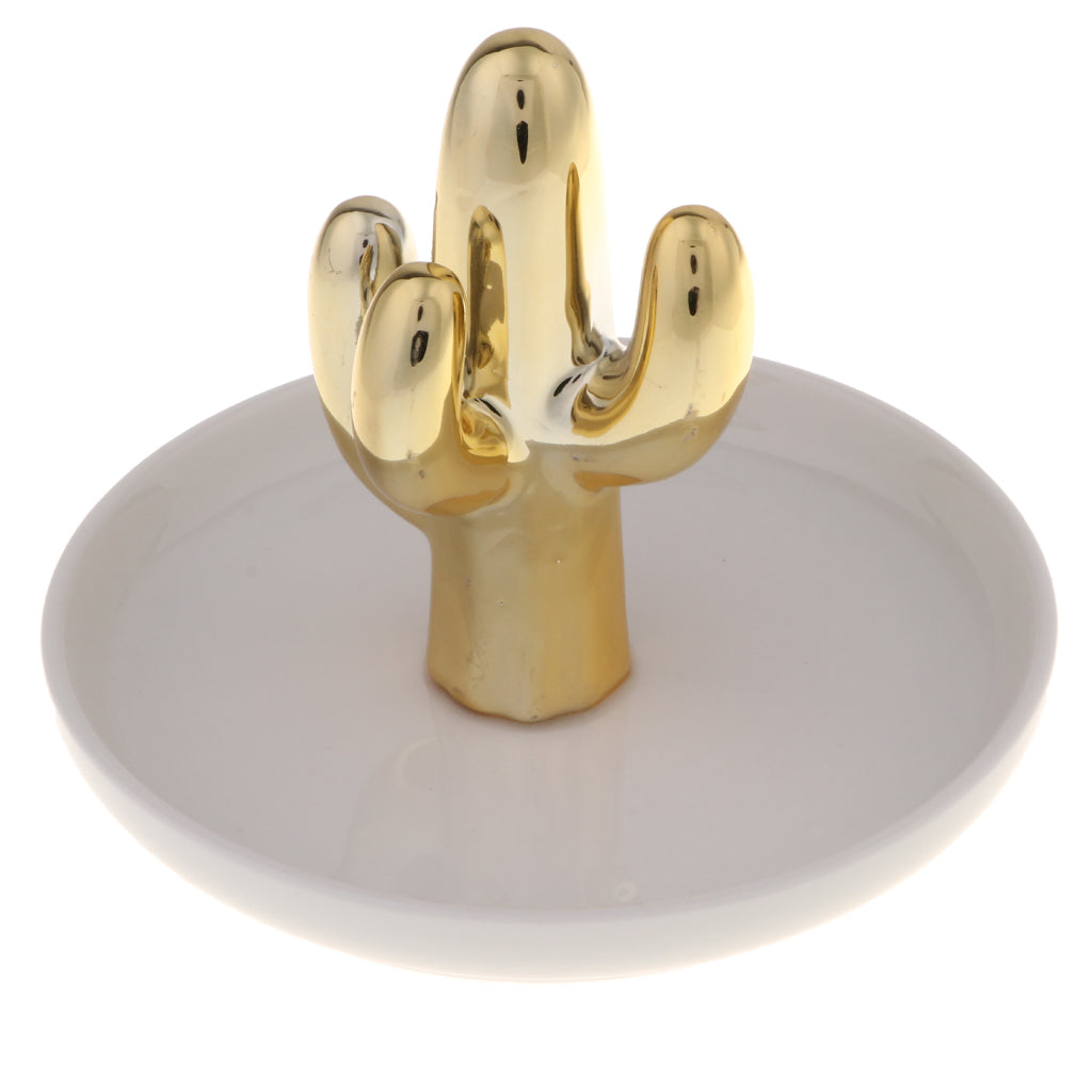 Ceramic Ring Holder Dish Jewelry Organizer Tray White Dish Gold Cactus