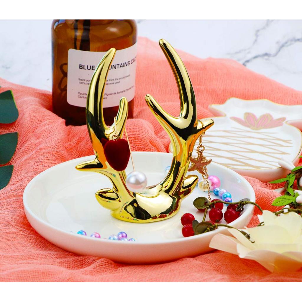 Ceramic Ring Holder Dish Jewelry Organizer Tray White Dish Gold Elk