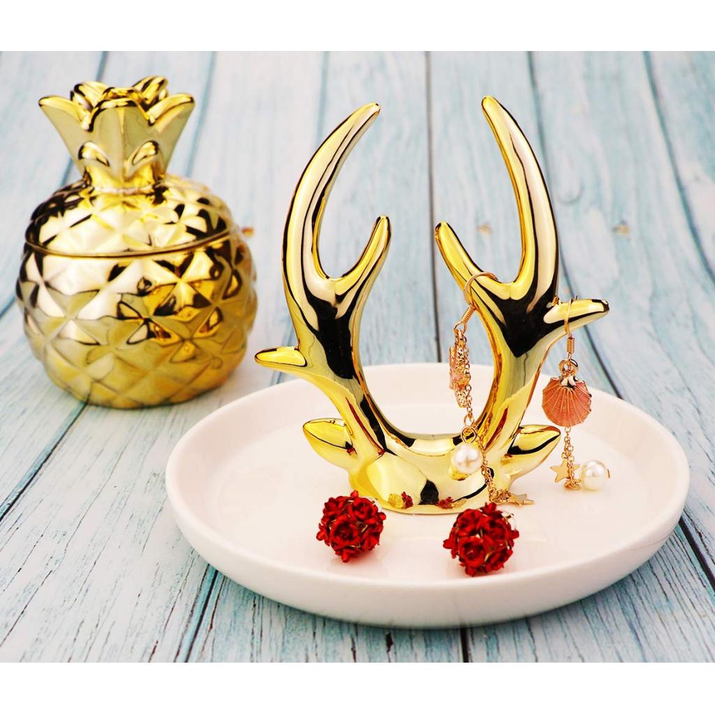 Ceramic Ring Holder Dish Jewelry Organizer Tray White Dish Gold Elk