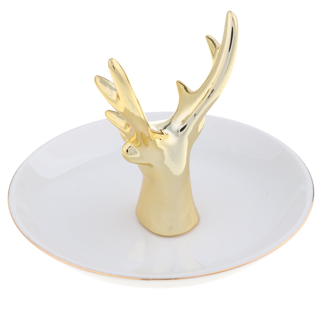 Ceramic Ring Holder Dish Jewelry Organizer Tray White Dish Gold Elk