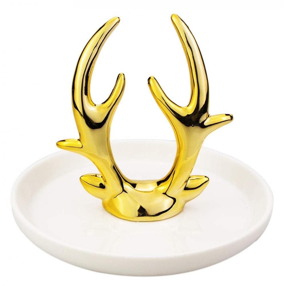 Ceramic Ring Holder Dish Jewelry Organizer Tray White Dish Gold Elk