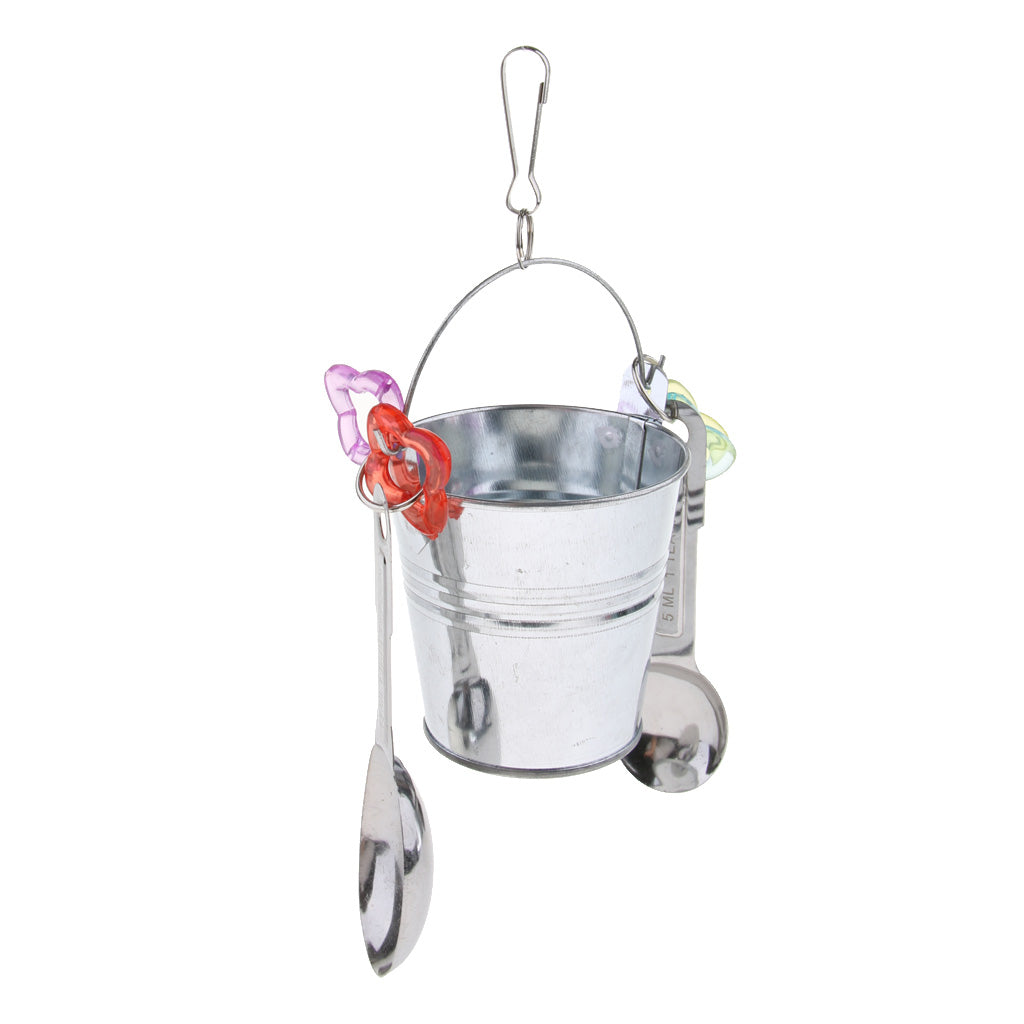 Pet Bird Hanging Feeder Bowl Drinking Cup Parrot Cage Feeder Box Silver