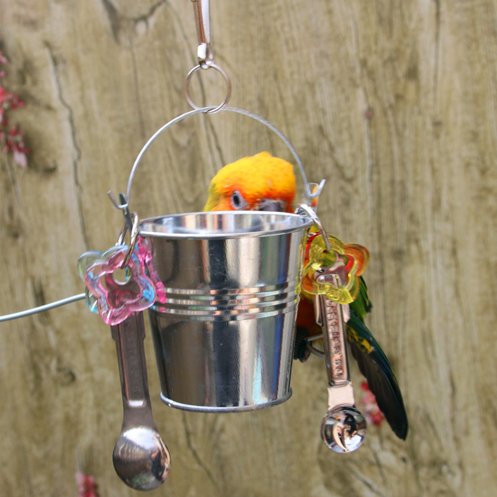 Pet Bird Hanging Feeder Bowl Drinking Cup Parrot Cage Feeder Box Silver