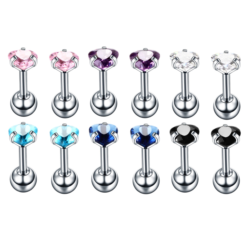 12 Pieces Stainless Steel Zircon Helix Lip Tragus Stud Earrings 16g Heart