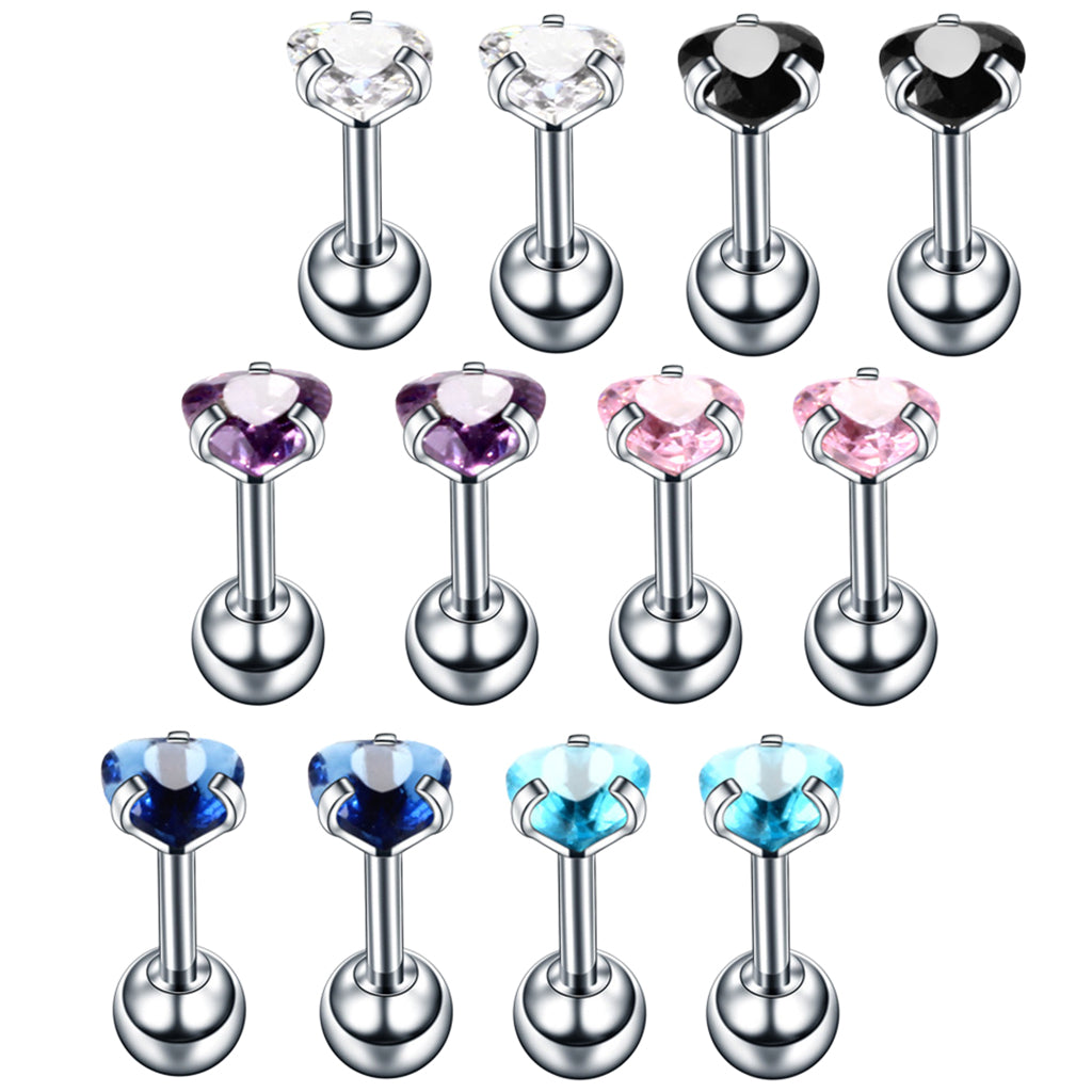 12 Pieces Stainless Steel Zircon Helix Lip Tragus Stud Earrings 16g Heart