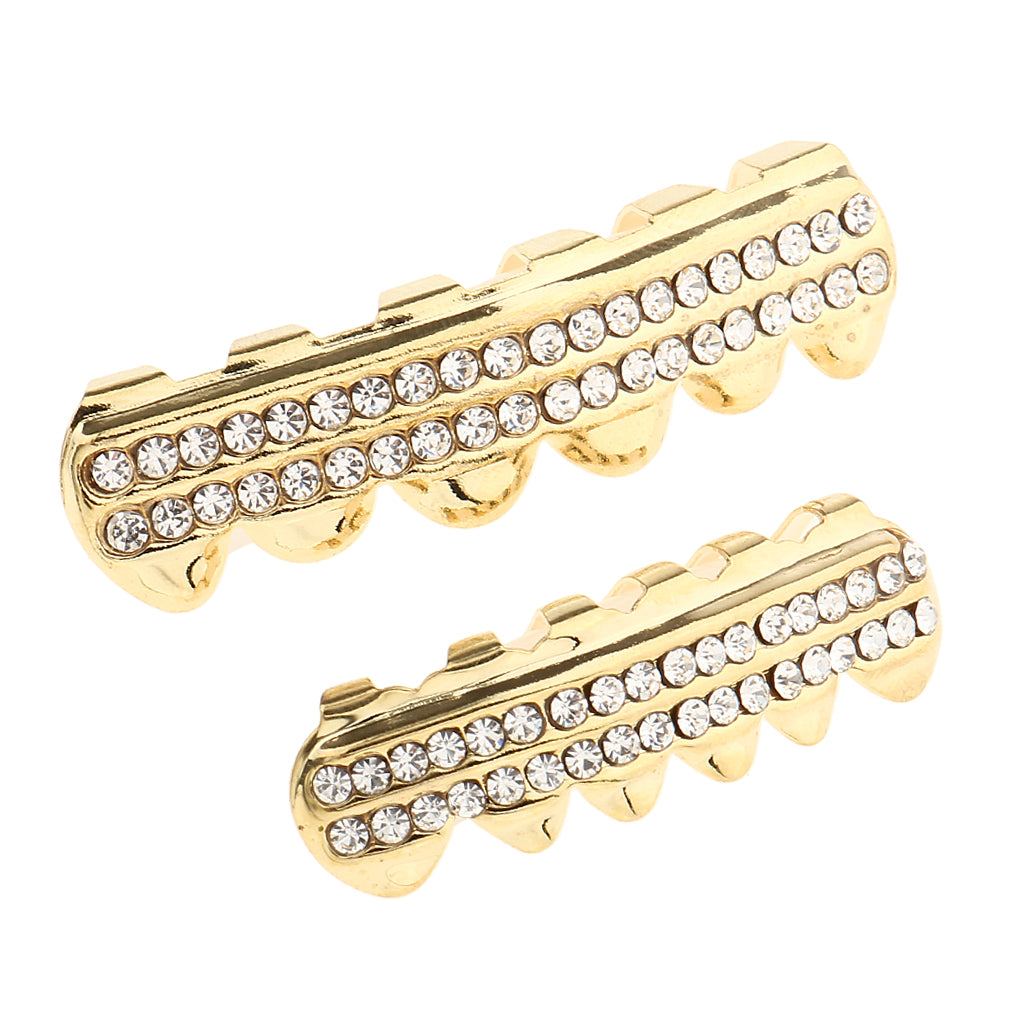 Double Zircon Drill Top Bottom Grill Hip Hop Mouth Teeth Grills Caps Gold