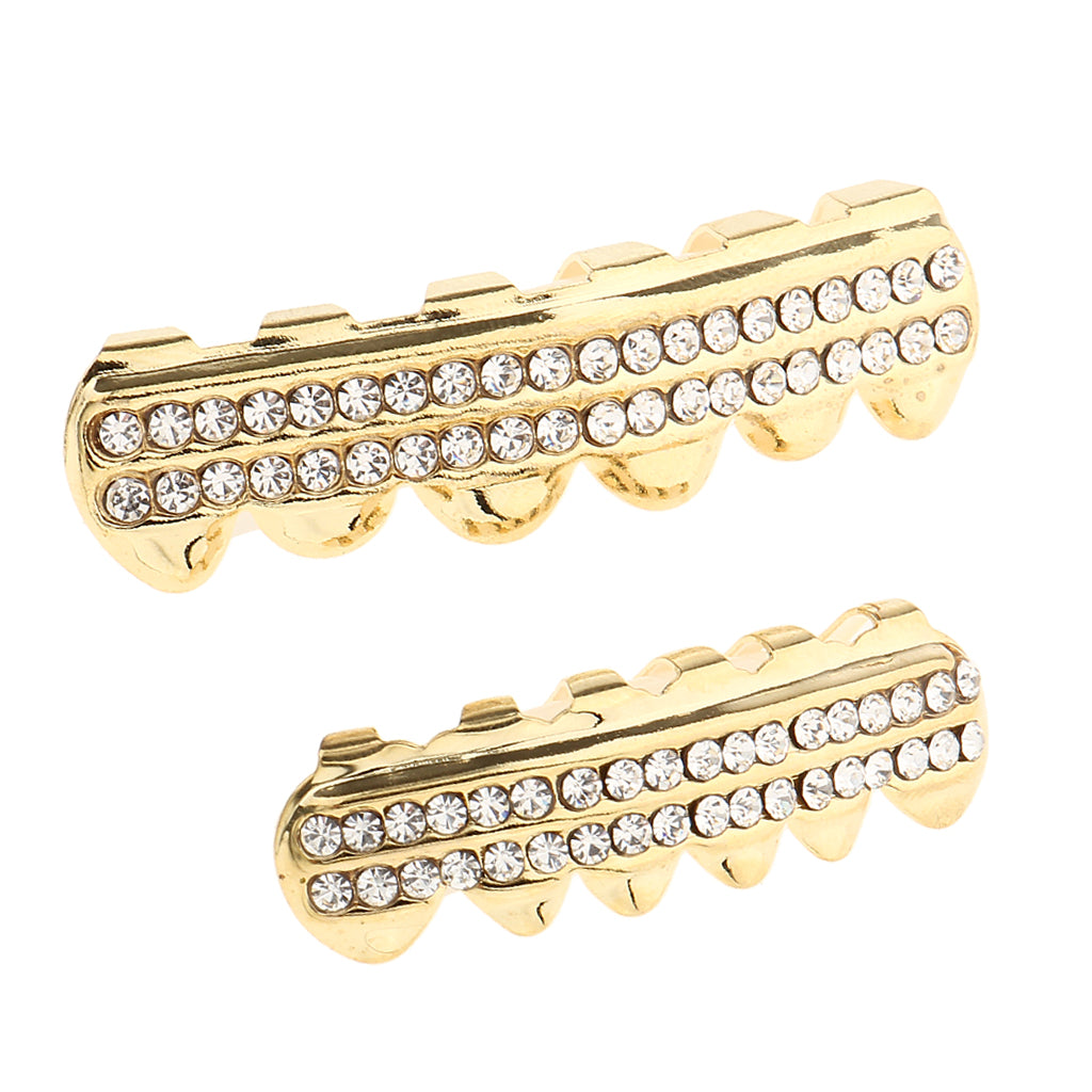 Double Zircon Drill Top Bottom Grill Hip Hop Mouth Teeth Grills Caps Gold