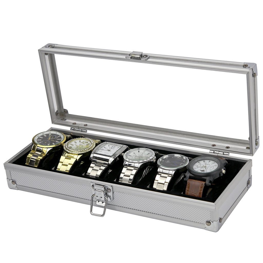 Watch Box Watch Case Aluminum Glass Top Jewelry Case Organizer 6 Slots