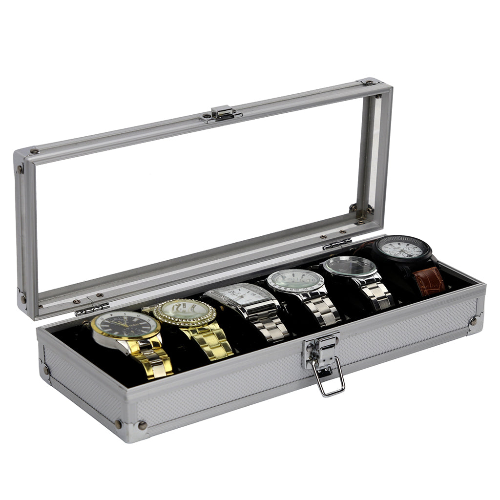 Watch Box Watch Case Aluminum Glass Top Jewelry Case Organizer 6 Slots