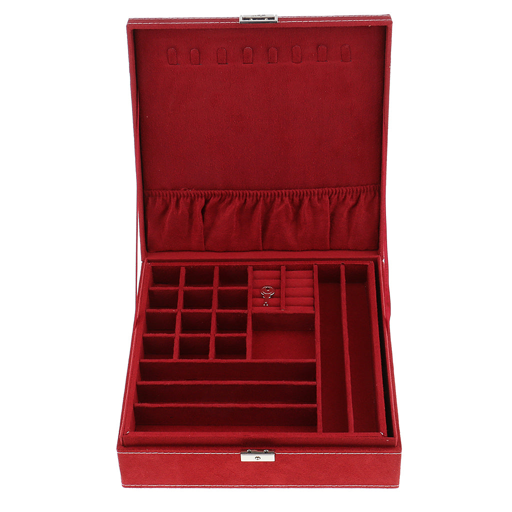 Two-Layer Velvet Jewelry Box Case Holder Storage Organizer with Lock Red