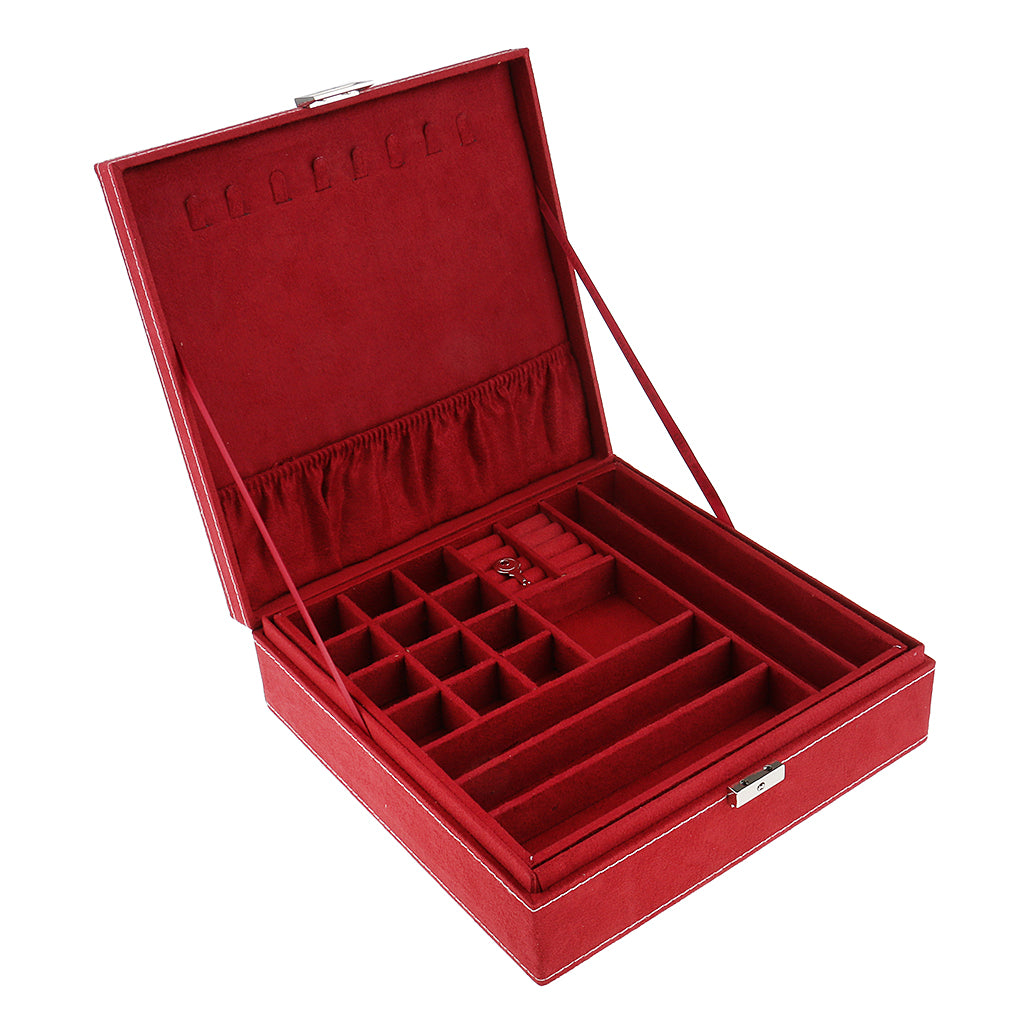 Two-Layer Velvet Jewelry Box Case Holder Storage Organizer with Lock Red